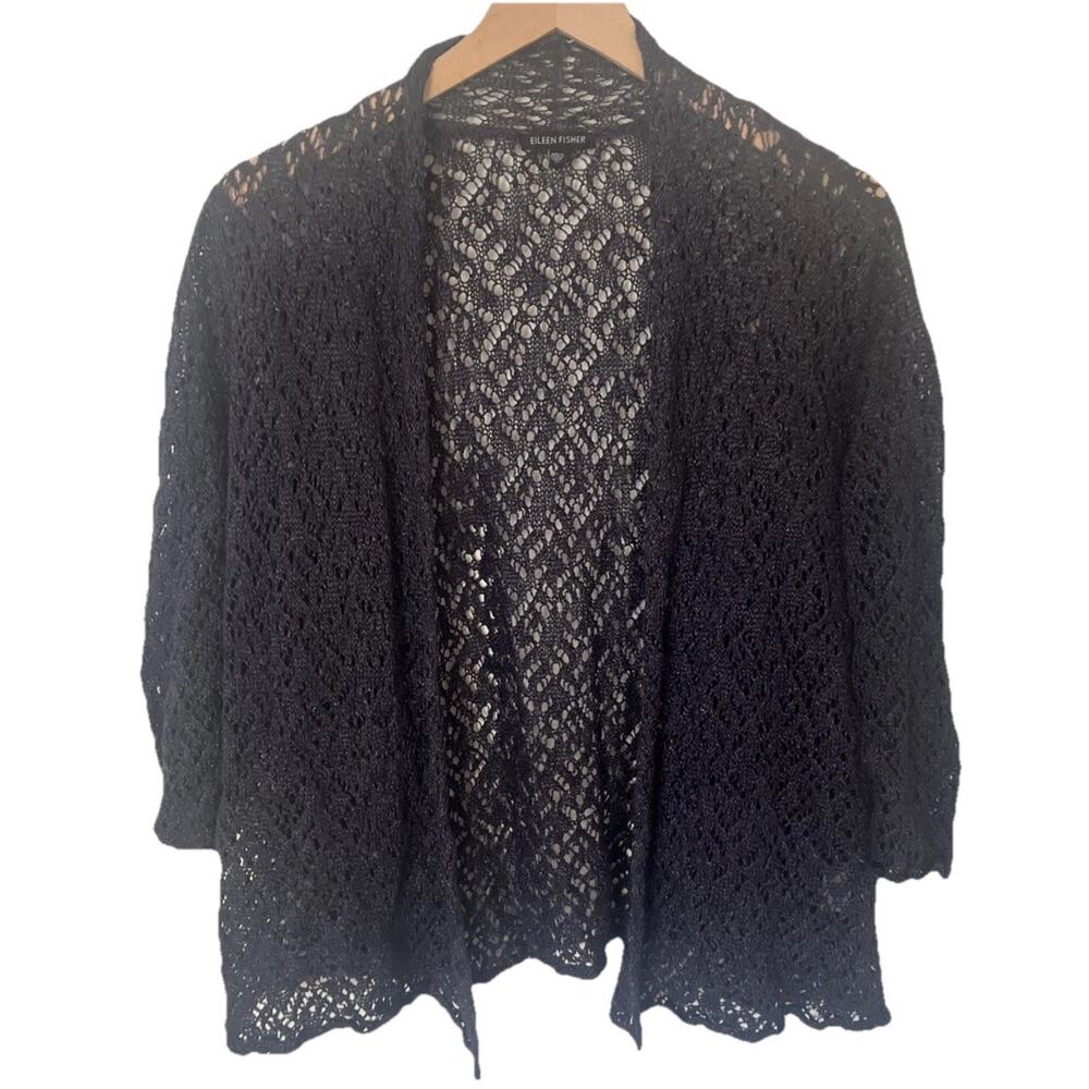 Eileen Fisher‎ Linen Blend Crochet Open Cardigan Medium Gray Metallic Accents
